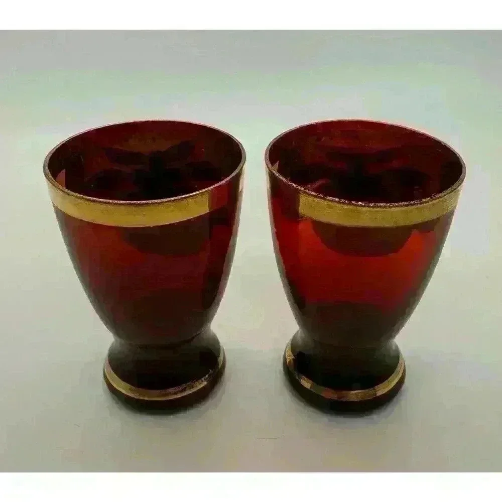MCM Vintage Cranberry Shot Glasses set of Two Hand Painted Gold Band Beautiful